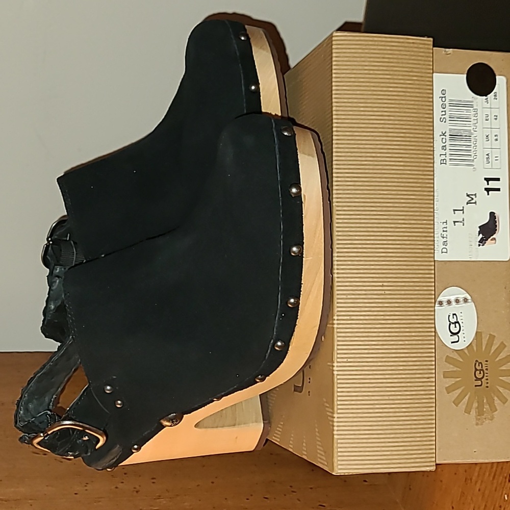 UGG Black Suede Heeled Mules Size 11 M - Picture 3 of 7